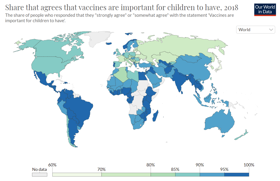 Figure 2: Geospatial visualization on survey responses of the percentage that ‘Agree’ and ‘Strongly Agree’ that vaccines are important for children